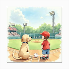 A Labrador Retriever And A Boy At A Baseball Game, Watercolor 1 Canvas Print