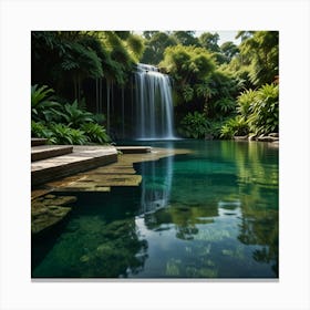 A Serene Waterfall Cascading Into A Crystal Clear Pool Surrounded By Lush Greenery 2 Canvas Print