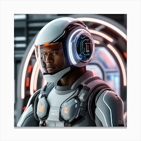 The Image Depicts A Alpha Male In A Stronger Futuristic Suit With A Digital Music Streaming Display 3 Canvas Print