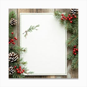 Evergreen Tree Branch With Red Berries And Pine Cones Adorned With Rustic Wooden Decorations Crafte (3) Canvas Print