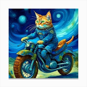 Cat Riding A Rocket Motorcycle In The Style Of Van Gogh Canvas Print