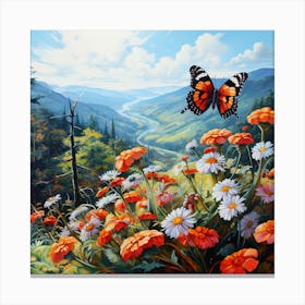 Butterfly & Flowers Above The Valley 1 Canvas Print