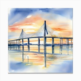 Accurate drawing and description. Sunset over the Arthur Ravenel Jr. Bridge in Charleston. Blue water and sunset reflections on the water. Watercolor.9 Canvas Print