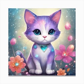 Purple Cat With Flowers Canvas Print