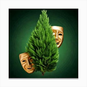 Firefly Masks, Floating, 3d, Tragedy, Comedy, Pine, Leaves, Nature, Theater, Art, Symbolism, Contras (8) Canvas Print