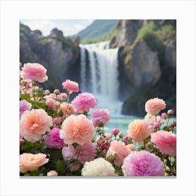 Roses In Front Of Waterfall Canvas Print