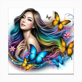 Girl With Colorful Hair And Butterflies Canvas Print