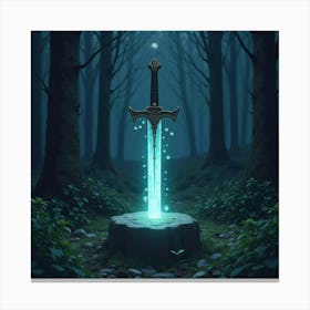 Runes Glowing On A Sword Stuck In A Stone In The Forest 1 Canvas Print