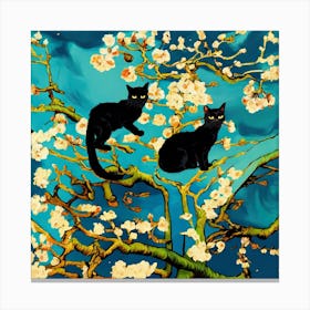Art Almond Blossom With Black Cats, Vincent Van Gogh Inspired 3 Canvas Print
