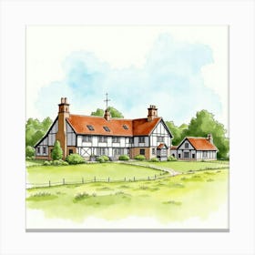 Watercolor Illustration Of The Gressenhall Farm And Workhouse In Norfolk, Showcasing Its Historic Design And Rural Setting Canvas Print