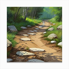 Path In The Woods.A dirt footpath in the forest. Spring season. Wild grasses on both ends of the path. Scattered rocks. Oil colors.6 Canvas Print