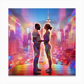 Night In New York City. City Love in Colorful Contrast: Magenta, Green and Two Hearts Intertwined Canvas Print