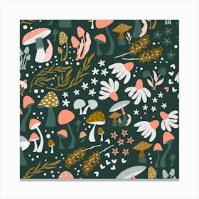 Mushrooms And Flower Pattern On Green Square Canvas Print