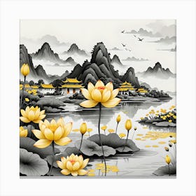 Chinese Landscape With Yellow Lotus Flowers Canvas Print