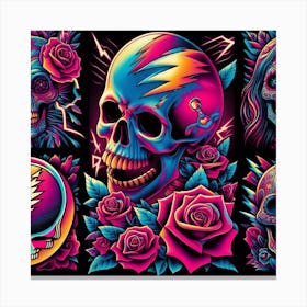 Grateful Dead Art: This artwork is inspired by the American rock band Grateful Dead, known for their eclectic style and psychedelic imagery. The artwork features a colorful skull with roses, a symbol of the band’s logo and album covers. The artwork also has some musical notes and stars in the background, representing the band’s musical influence and legacy. This artwork is suitable for fans of Grateful Dead or classic rock music, and it can be placed in a living room, bedroom, or music studio. 1 Canvas Print