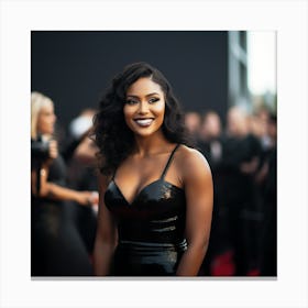 A Black Woman Voluptuous Sexy Wearing Black Latex Dress Long Hair Big Smile on the Red Carpet - Created by Midjourney Canvas Print