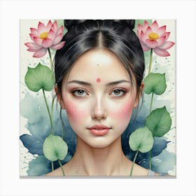 Asian Girl With Lotus Flowers Canvas Print