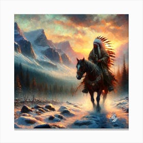 Oil Texture Native American Indian On Horseback In The Mountains 2 Copy Canvas Print