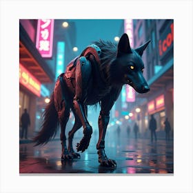 A Biomechanical Wolf Prowling The Neon Lit Streets Of A Cyberpunk City 1 Canvas Print