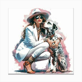 A Captivating Watercolor Painting Portrays a Bohemian Woman And Her Dalmatian Dog 2 Canvas Print