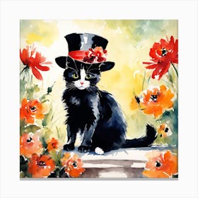 Floral Cat With Hat Painting (5) Canvas Print