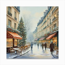 Paris cafes, winter season, Christmas, pale colors, pedestrians in the street, winter clothes, falling snow.19 Canvas Print