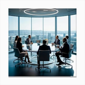 Business Team In Mid Strategizing Session Seated Around A Sleek Oval Glass Table Reflecting Ambien (3) Canvas Print