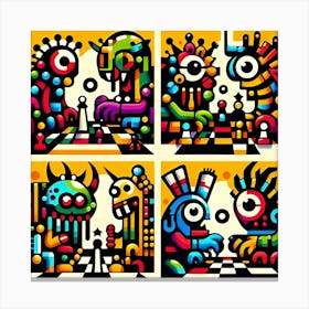 Brightly Colored And Low Resolution Cubism Monsters Playing Chess Canvas Print