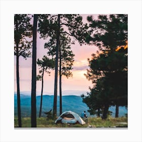 Camping Sunset Square Canvas Print