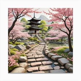 Japenese Pagoda Landscape With Moon Art Print (3) Canvas Print