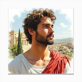 Watercolor Depiction Of A Captivating Greek Man With The Beauty Of A Historical Backdrop 1 Canvas Print