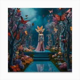 fashion, Surreal fashion garden, plant mannequins, giant flowers, organic dresses, twisted trees, cyber butterflies, psychedelic sky, colorful mist, floating lighting, enchanted podium, colors that change at the touch. 3 Canvas Print