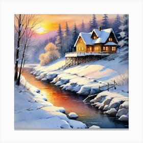 Winter House By The River 1 Canvas Print