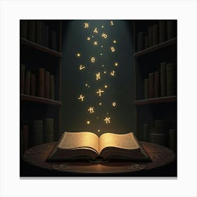 Mystical, Ancient Book With Glowing Runes Floating In A Dimly Lit Library 1 Canvas Print