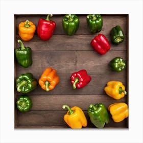 Colorful Peppers In A Wooden Frame 2 Canvas Print