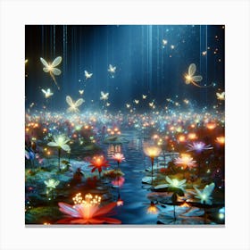 Serene Landscape In A Magical Place With Neon Flowers And Tiny Fairies Canvas Print