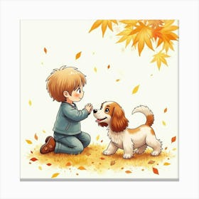 Watercolor Of A Child And A Cocker Spaniel Playing In The Autumn Leaves Canvas Print