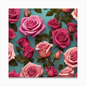 Pink Roses On Blue Background Canvas Print