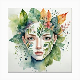 Watercolor Of A Woman With Leaves Canvas Print