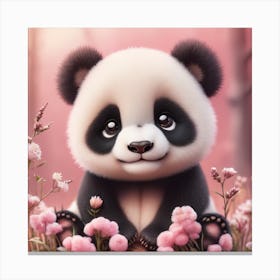 Baby Panda Bear With Pink Flowers Canvas Print