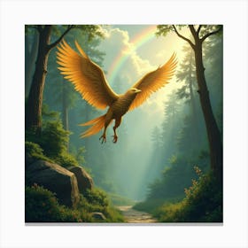 A Golden Griffin Flying Over A Lush, Enchanted Forest Under A Rainbow 1 Canvas Print