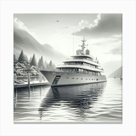 A Pencil Drawing Of A Luxury Yacht On A Lakefront 1 Canvas Print