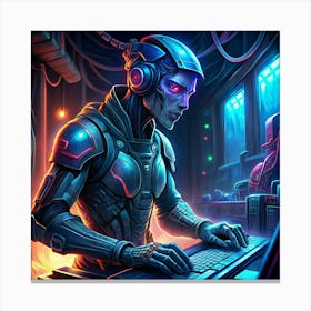 Cyborg Hacker In Futuristic Workspace Canvas Print