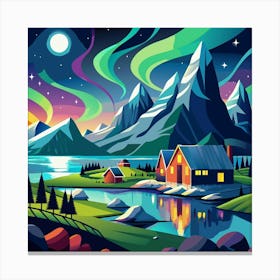 Night Landscape With Aurora Borealis Over Mountains Canvas Print