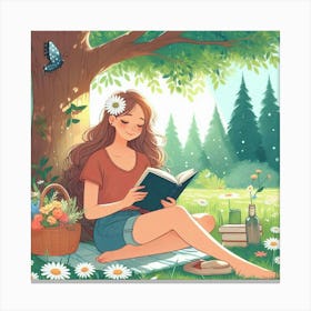 Girl Reading A Book In The Park, Vector Style Canvas Print