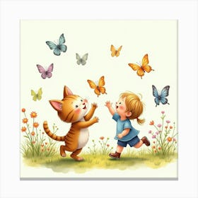 Playful Kitten And Child Chasing Butterflies, Watercolor, Garden Scene 1 Canvas Print