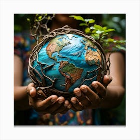 A Hand Of Earthy Brown Weaves Cradling A Detailed Miniature Globe Veins And Tendons Popping Against (7) Canvas Print