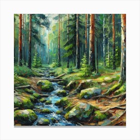 Stream In The Forest, Acrylic Painting Style 10 Canvas Print