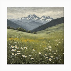 Vintage Oil Painting of Wild Flowers in a Meadow, Mountains in the Background 22 Canvas Print