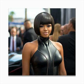 A Black Woman Voluptuous Sexy Wearing Black Latex Dress Long Bob Haircut on the Red Carpet - Created by Midjourney Canvas Print